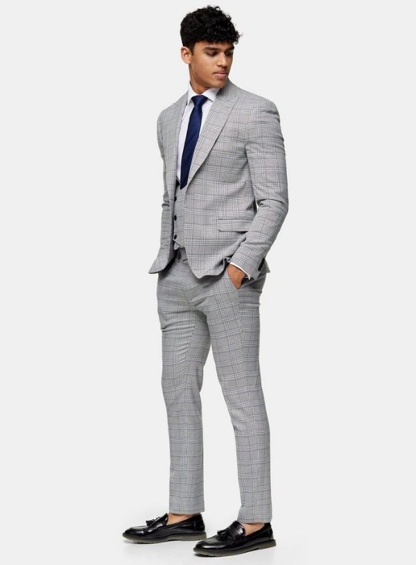Gray Check Skinny Fit Suit Pants