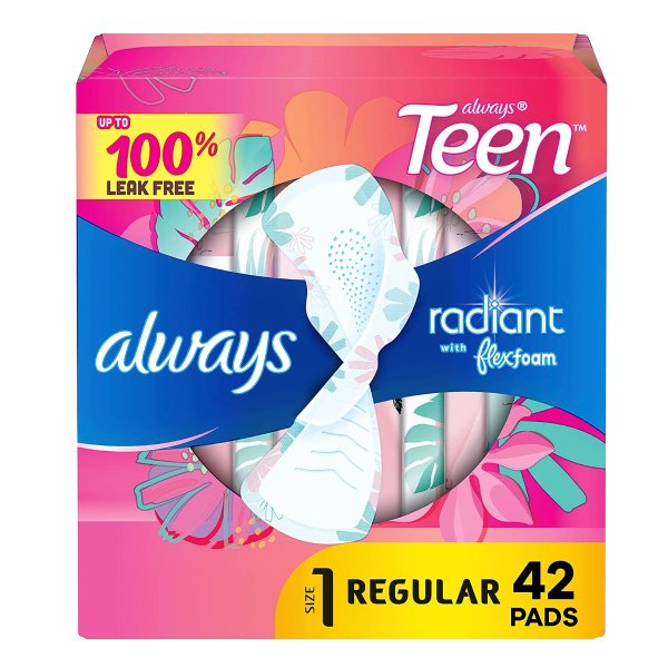 Radiant Teen Feminine Pads For Women, Size 1 Regular Absorbency, With Flexfoam, With Wings, Unscented, 42 Count