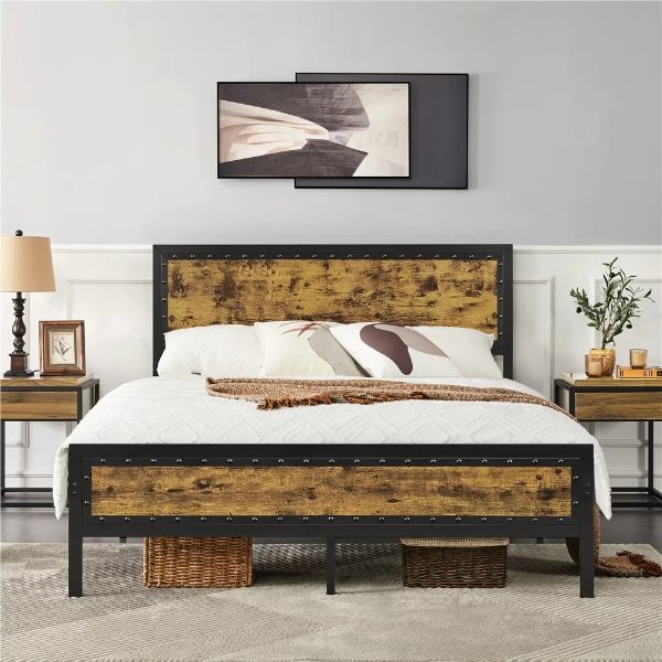 Industrial Metal Platform Bed with with Storage, Full Size, Rustic Brown