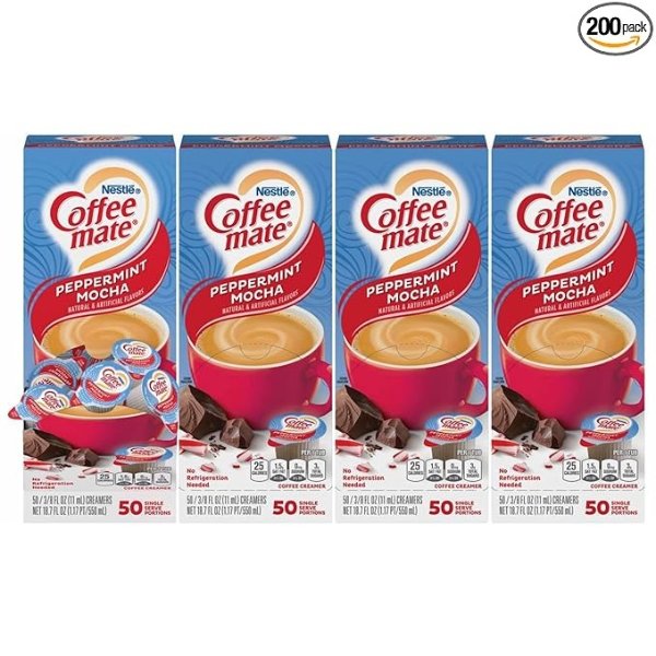  Coffee mate Coffee Creamer, Peppermint Mocha, Liquid Creamer Singles, Non Dairy, No Refrigeration, Box of 50 Singles (Pack of 4)