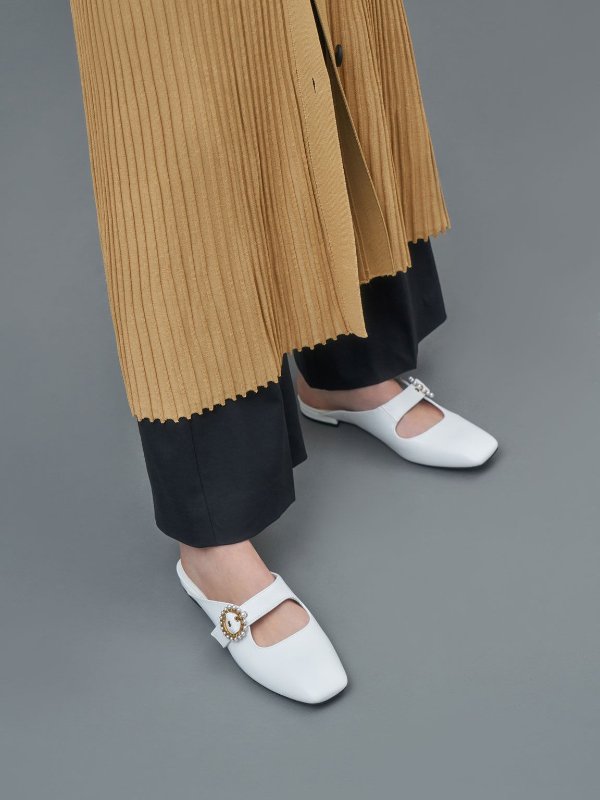 White Beaded Buckle Mules | CHARLES &amp; KEITH