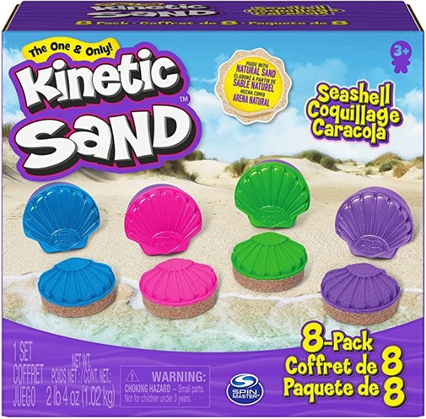  Seashell Containers 8-Pack with 4 Neon Sand Colors and Kinetic Beach Sand, Play Sand Sensory Toys for Kids Ages 3 and up
