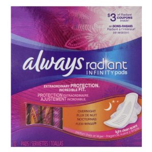 Always Radiant Infinity Overnight With Wings Scented Pads 12 Count