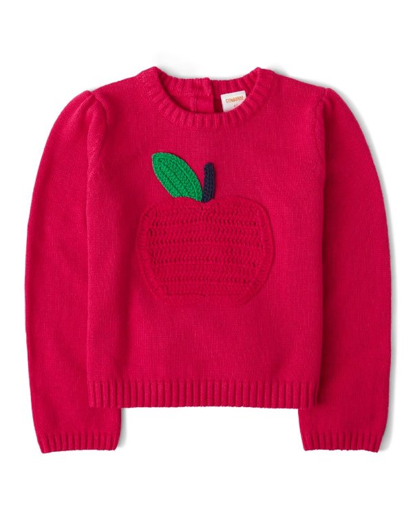 Girls Long Sleeve Crochet Apple Sweater - Candy Apple