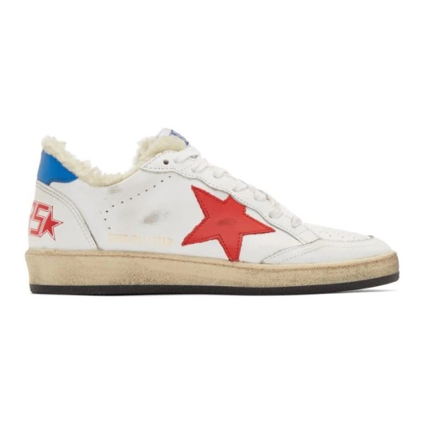 White & Red Shearling Ball Star Sneakers