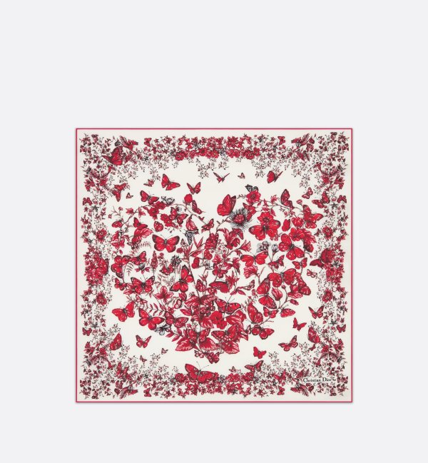 Le Coeur des Papillons 70 Square Scarf White and Red Silk Twill