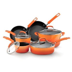 Rachael Ray Hard Enamel Nonstick 10-Piece Cookware Set, Orange Gradient @ Amazon.com