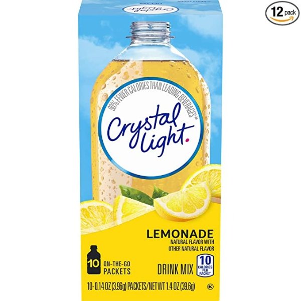 Crystal Light 柠檬味咖啡因能量饮料冲剂 10小袋 12盒
