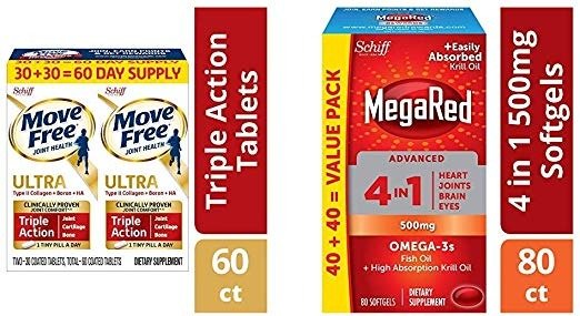 Move Free Type II Collagen, Boron & HA Ultra Triple Action Tablets(60) and Omega-3 Fish Oil + High Absorption Krill Oil 500mg Softgels, MegaRed Advanced 4in1 (80 Count in a Bottle)
