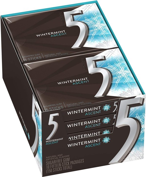 5 Gum Wintermint Ascent Sugarfree Gum, 15 Pieces (10 Packs)
