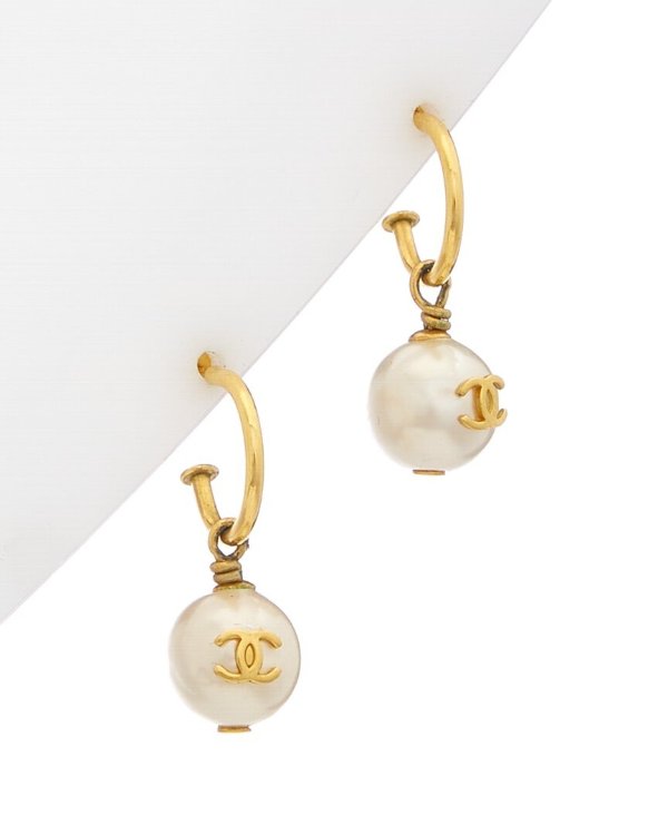 Gold-Tone Pearl CC Dangle Earrings