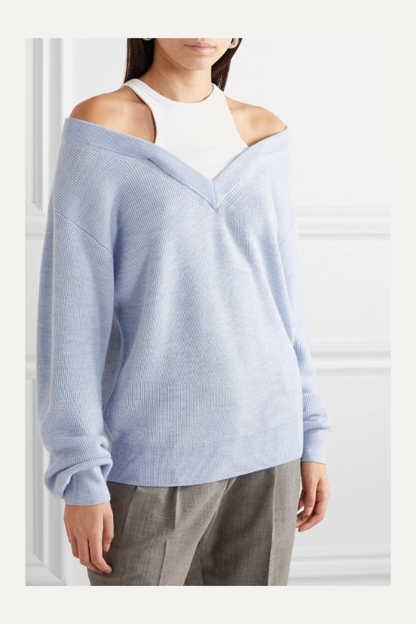 Layered merino wool and stretch cotton-jersey sweater