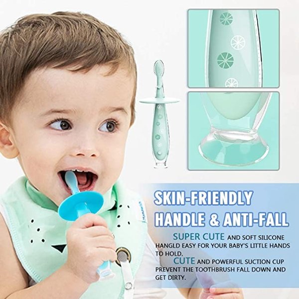 Baby Toothbrush Silicone Eccomum 2 Pack Infant Training Toothbrush, 100% Food Grade Silicone, Extra Soft/Tough Bristles, BPA/PVC/Phthalate Free, Anti-chocking/Anti-Fall Design, Unisex (2 Pack)