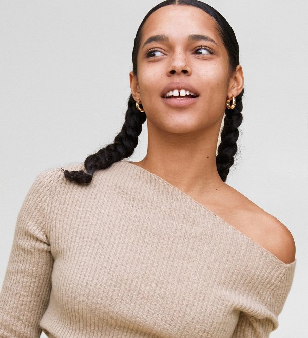 The Asymmetrical Off-Shoulder Ribbed Sweater