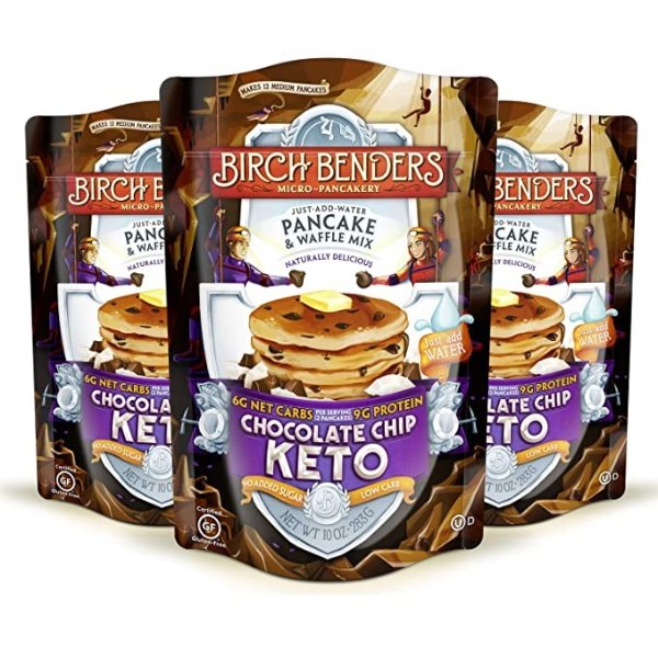 Keto Chocolate Chip Pancake & Waffle Mix with Almond/Coconut & Cassava Flour, Just Add Water, 3 Count