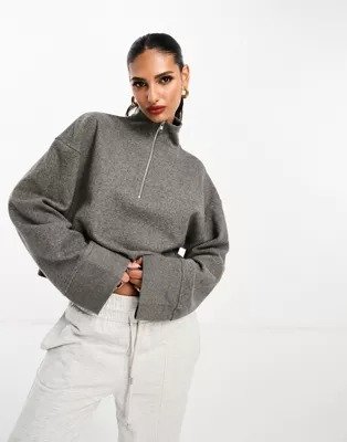 DESIGN super soft long sleeve boxy crop half zip in charcoal heather - part of a set