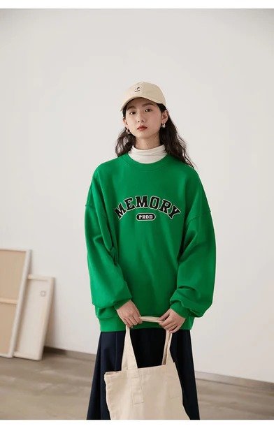 Loose Fit Memory Letters Embroidered Crewneck Sweatshirt / BV Green