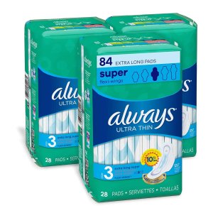 Always Ultra Thin Feminine Pads for Women, Size 3, Extra Long, Super Absorbency, with Wings, Unscented, 28 Count, Pack of 3