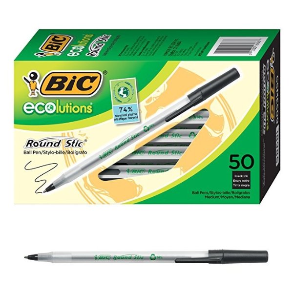 Ecolutions Round Stic Ballpoint Pen, Medium Point (1.0mm), Black, 50-Count