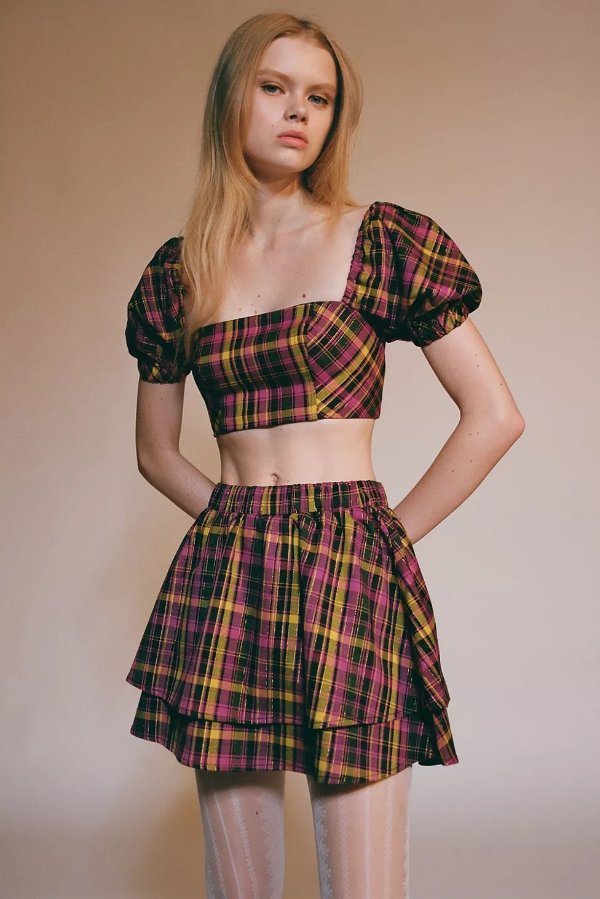 UO Liana Plaid Top And Skirt Set