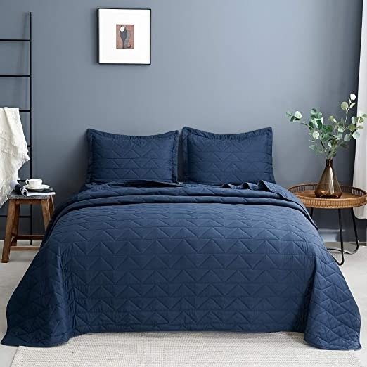 Coverlet Queen Bedspread - Summer Lightweight Full Size Quilt Set, Soft Modern Weave Pattern Navy Blue Queen Quilt Bedding Set 3 Pieces (1 Quilt 90" x 96" + 2 Pillow Shams)
