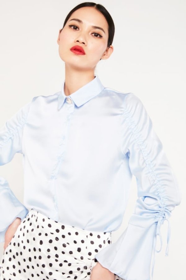Elli White Satin Blouse With Ruched Sleeves