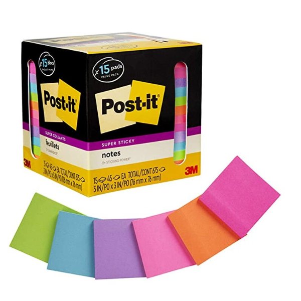 -it Super Sticky Notes, Assorted Bright Colors, 3 in x 3 in, 15 Pads/Pack, 45 Sheets/Pad, 2x the Sticking Power, Recyclable (654-15SSCP), Multi-color