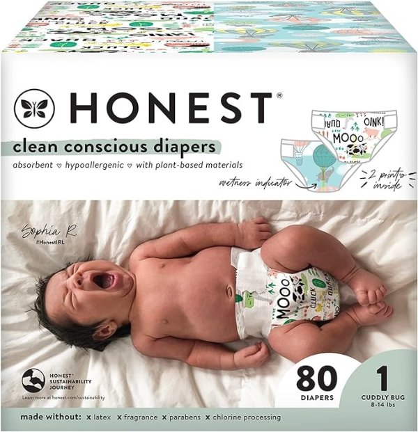 Honest Company, Club Box, Clean Conscious Diapers, Above It All + Barnyard Babies, Size 1, 80 Count (Packaging + Print May Vary)