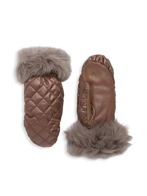 Quilted Faux Fur-Lined Shearling-Trim Mittens