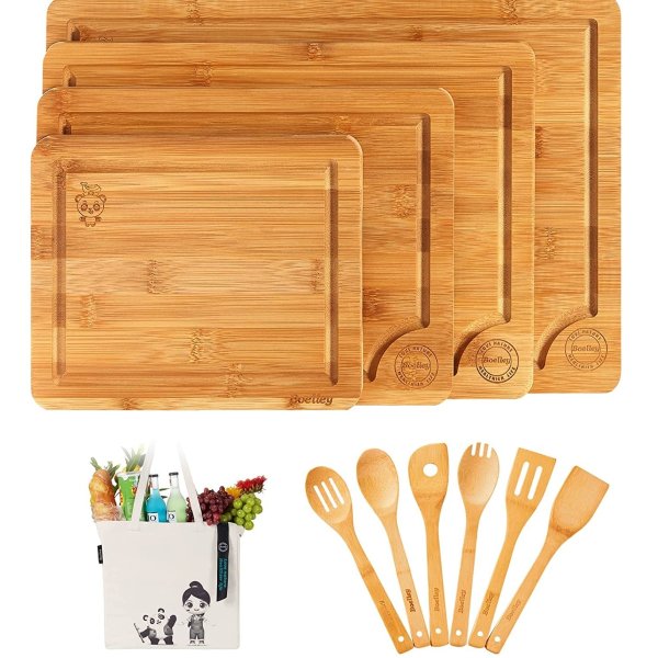 Boelley Bamboo Cutting Board set of 4 with 6 Utensils and 1 canvas bag Wood cutting boards with Juice Groove