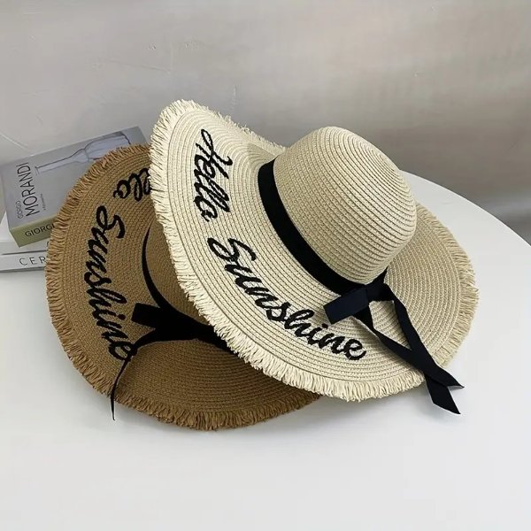Hello Sunshine Sun Hat Ribbon Bowknot Decor Wide Brim Floppy Straw Hat Raw Brim Foldable Travel Beach Hats For Summer Outdoor