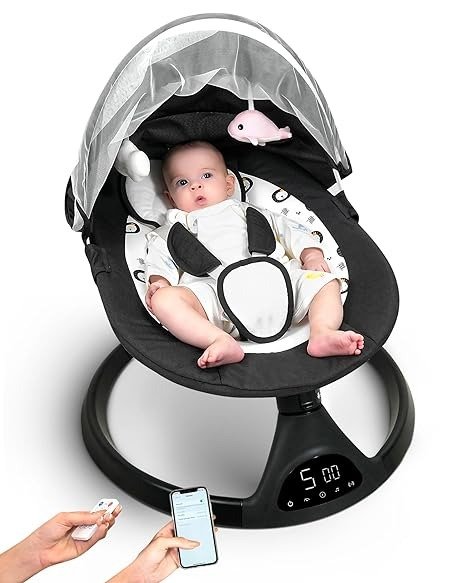 Baby Swing for Infants to Toddler Portable Babies Swing Timing Function 5 Swing Speeds Bluetooth Touch Screen Music Speaker with 10 Preset Lullabies 5-Point Carabiner