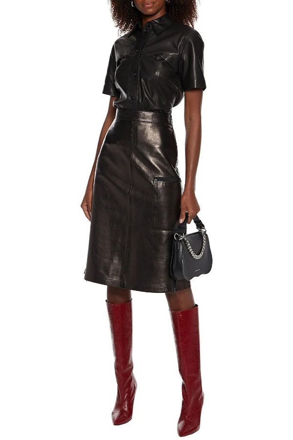 Zip-detailed metallic leather skirt