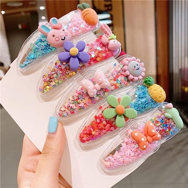 10 Pcs Glitter Hair Clips for Girls, Animal Fruit Flower Sparkle Transparent Hairpins Snap Barrettes Hair Accessories for Children's Day and Party