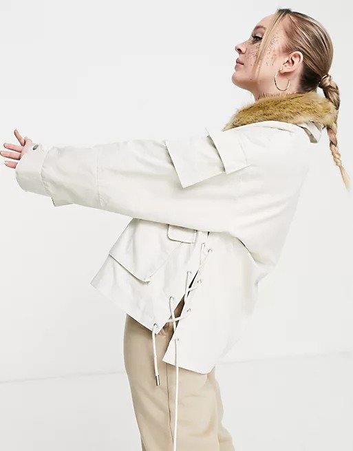 parka jacket with faux fur collar in off white