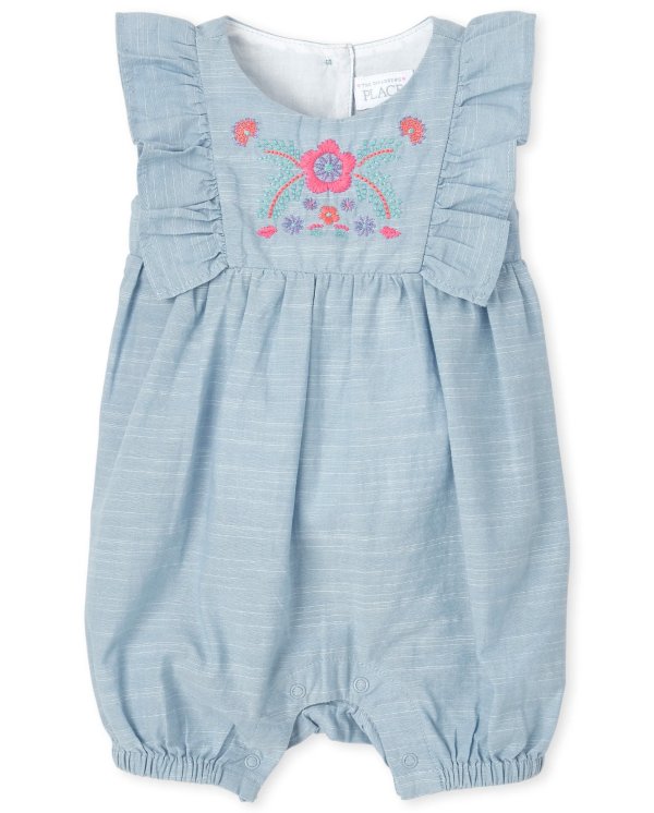 Baby Girls Short Sleeve Embroidered Floral Chambray Ruffle Romper