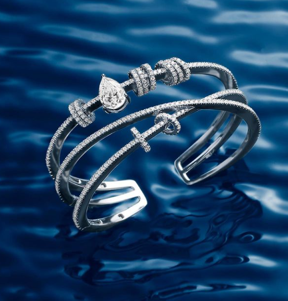 Triple-band sliding-rings sterling-silver and zirconia cuff bracelet