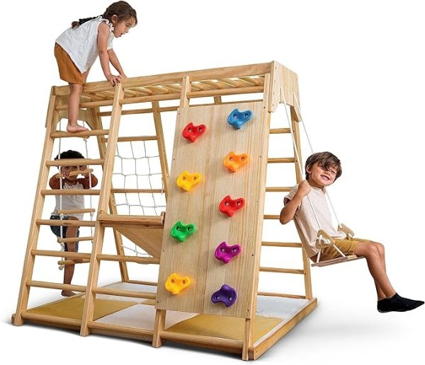 Magnolia Indoor Playground 6-in-1 Jungle Gym Montessori Waldorf Style Wooden Climber Playset Slide, Rock Climbing Wall, Rope Wall Climber, Monkey Bars, Swing for Toddlers, Children Kids 2-6yrs