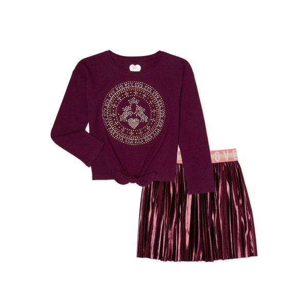 Girls Graphic Long Sleeve T-Shirt and Skirt, 2-Piece Outfit Set, Sizes 4-10