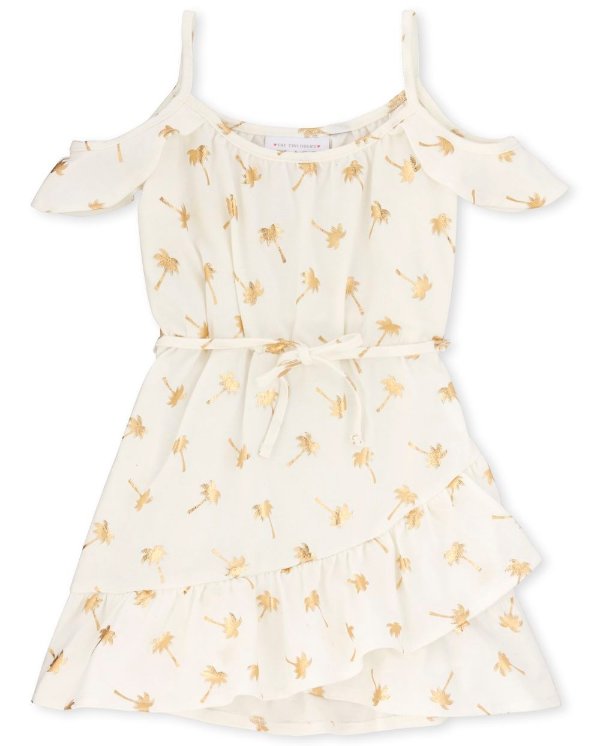 Baby And Toddler Girls Short Sleeve Foil Palm Tree Print Knit Cold Shoulder Dress