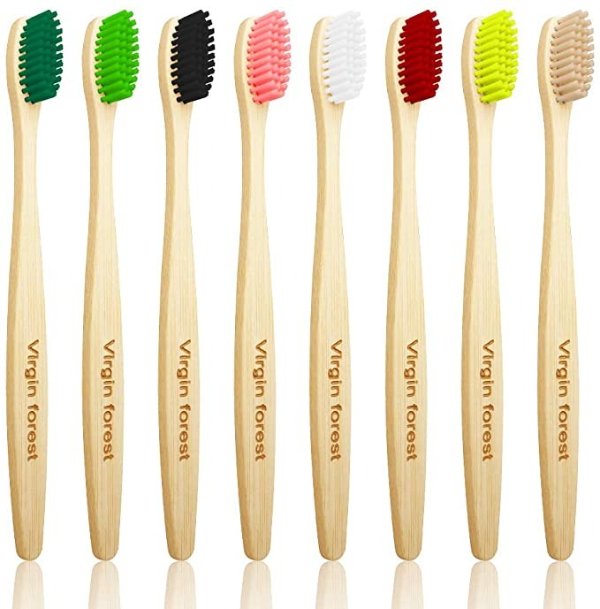 Bamboo Toothbrush, Biodegradable Toothbrush, Eco Friendly Natural Wooden Toothbrushes, Vegan Organic Bamboo Charcoal Tooth Brush for Sensitive Gums Set of 8 Color