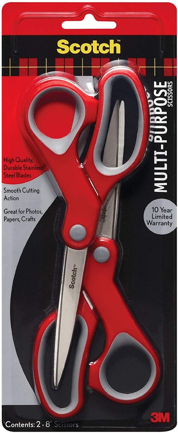 Scotch Multi-Purpose Scissor, 8 Inch, 2 Pack (1428-2), Red/Gray