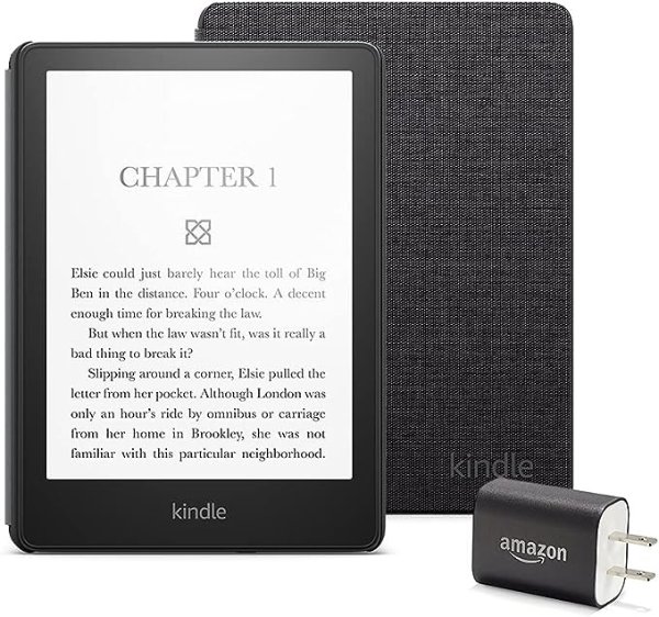 Kindle Paperwhite Essentials Bundle including Kindle Paperwhite (16 GB), Fabric Cover - Black, and Power Adapter