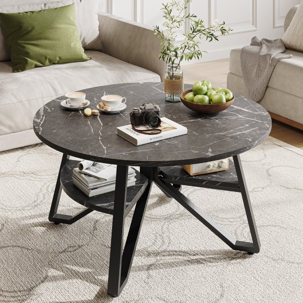 Bestier Round Coffee Table with Storage,Living Room Tables with Sturdy Metal Legs Black Marble