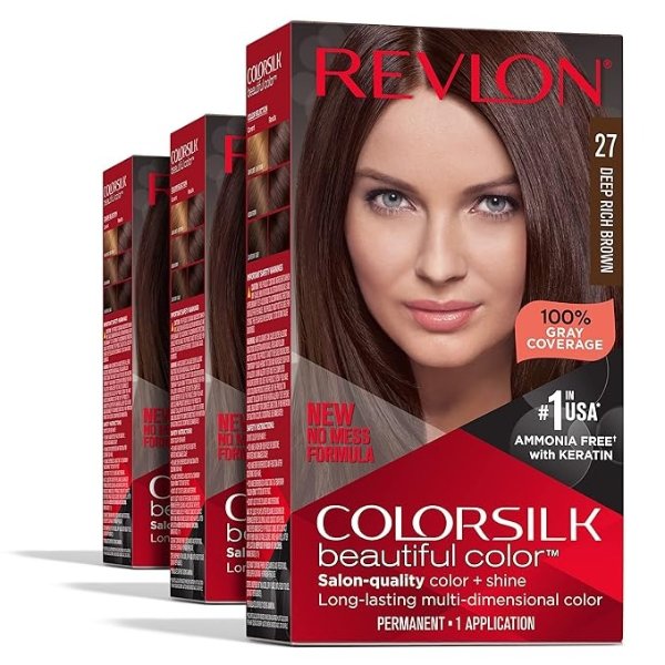 Permanent Hair Color, Permanent Brown Hair Dye, Colorsilk with 100% Gray Coverage, Ammonia-Free, Keratin and Amino Acids, Brown Shades (Pack of 3)