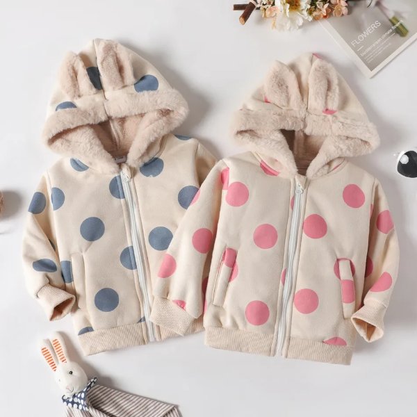 Toddler Girl Polka dots Ear Design Zipper Fleece Lined Coat