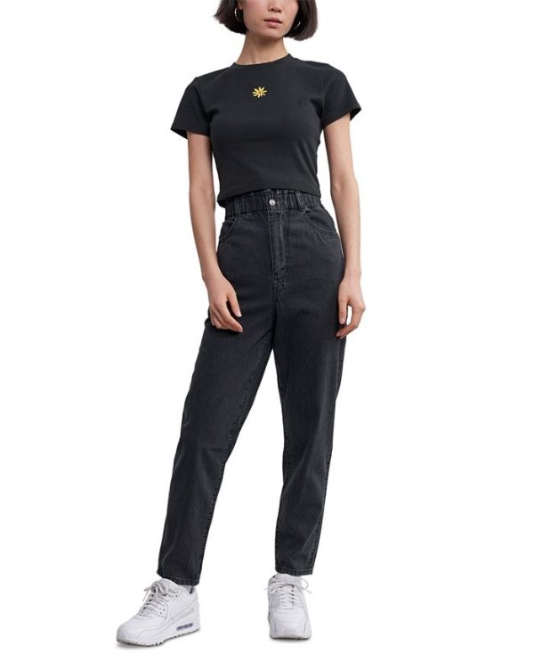 High-Rise Paperbag-Waist Tapered Cotton Jeans
