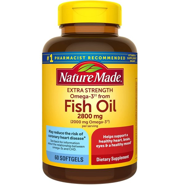 Extra Strength Burp-Less Omega 3 Fish Oil 2800 mg, Helps Support a Healthy Heart, Brain, Eyes, and Mood, 60 Softgels