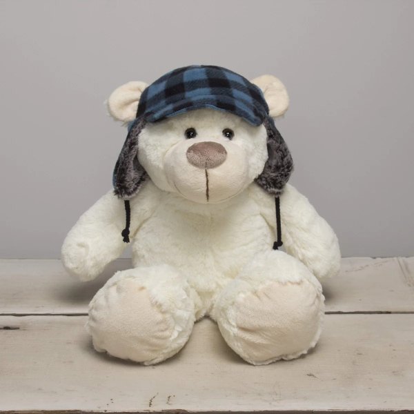 Bonnie the 11in Winter White Plush Bear with Blue Plaid Hat