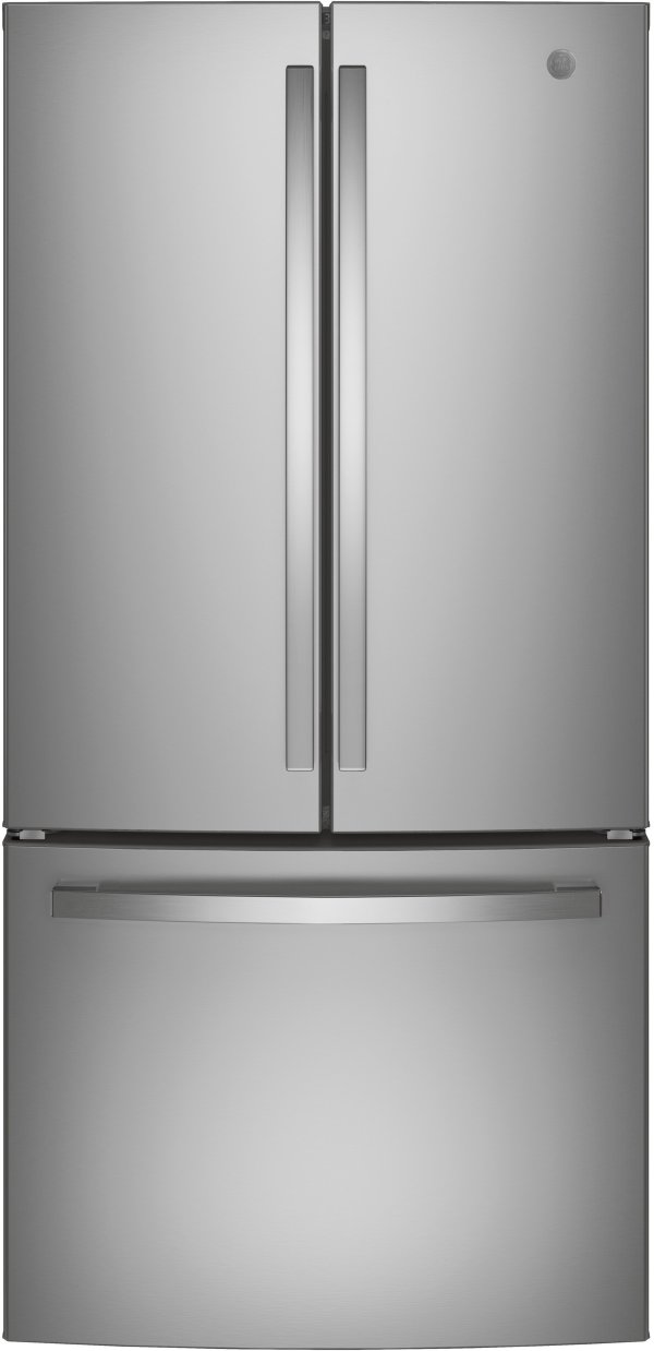 GE GNE25JYKFS 33 Inch French Door Refrigerator with 24.7 Cu. Ft. Capacity, Quick Space Shelf, Turbo Cool, LED Lighting, Icemaker, Enhanced Shabbos Mode Capable, Internal Water Dispenser, Water Filtration, and ENERGY STAR® Qualified: Fingerprint Resistant Stainless Steel
